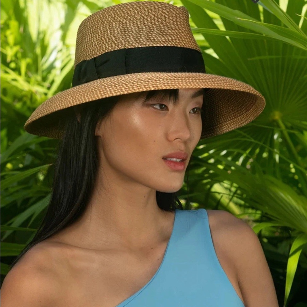 Eric Javits Womens Sun Hat Tan Straw UPF 50+ Wide Brim Foldable Travel